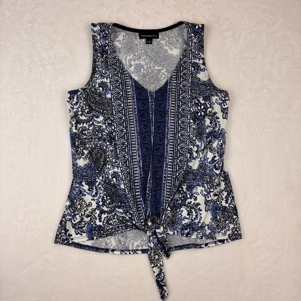 Fortune + Ivy Tie Front Tank Top Women’s Size Small Blue Paisley Sleeveless